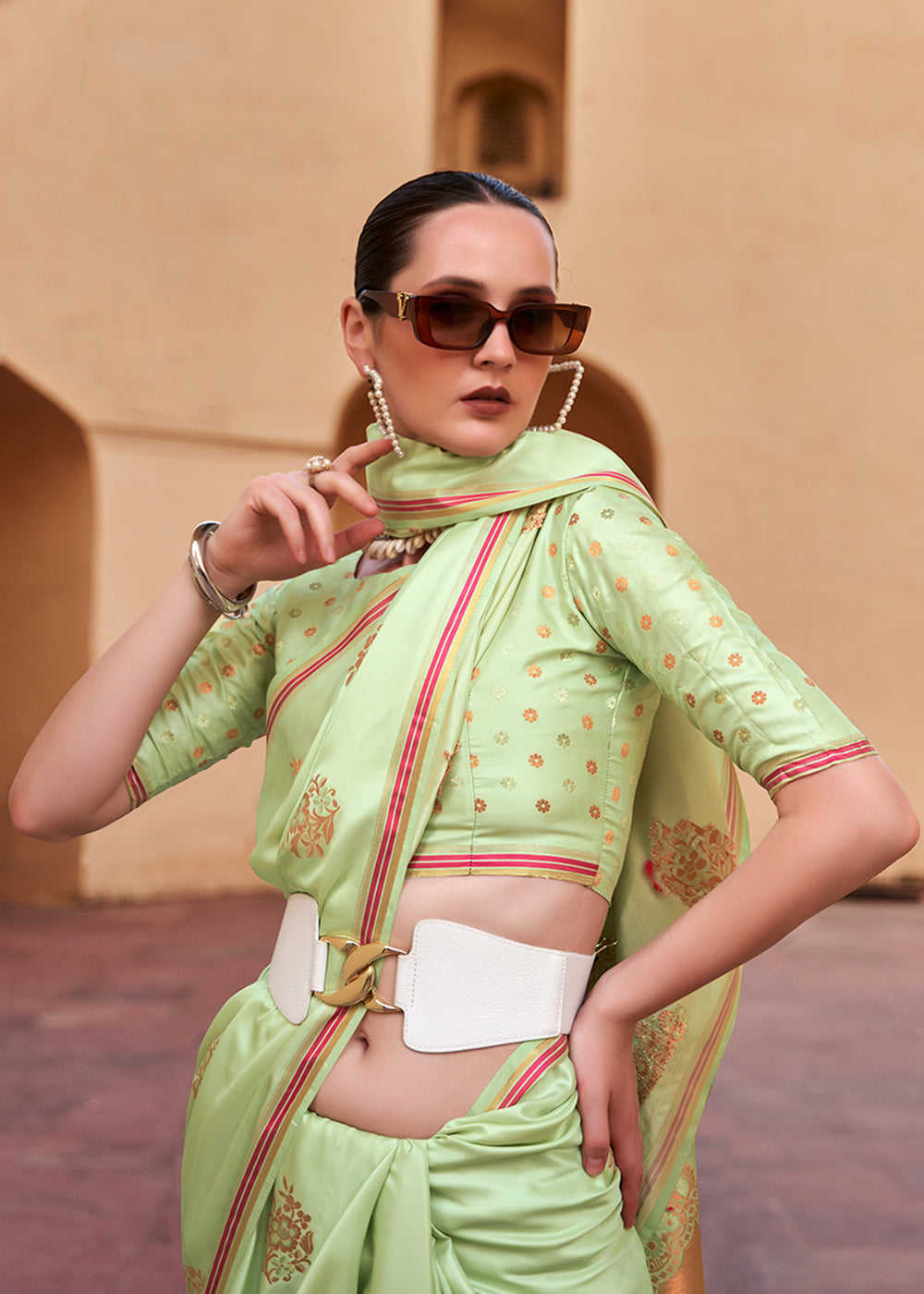 Tathastu Sprout Green Pure Sattin With Copper Zari Weaving Saree