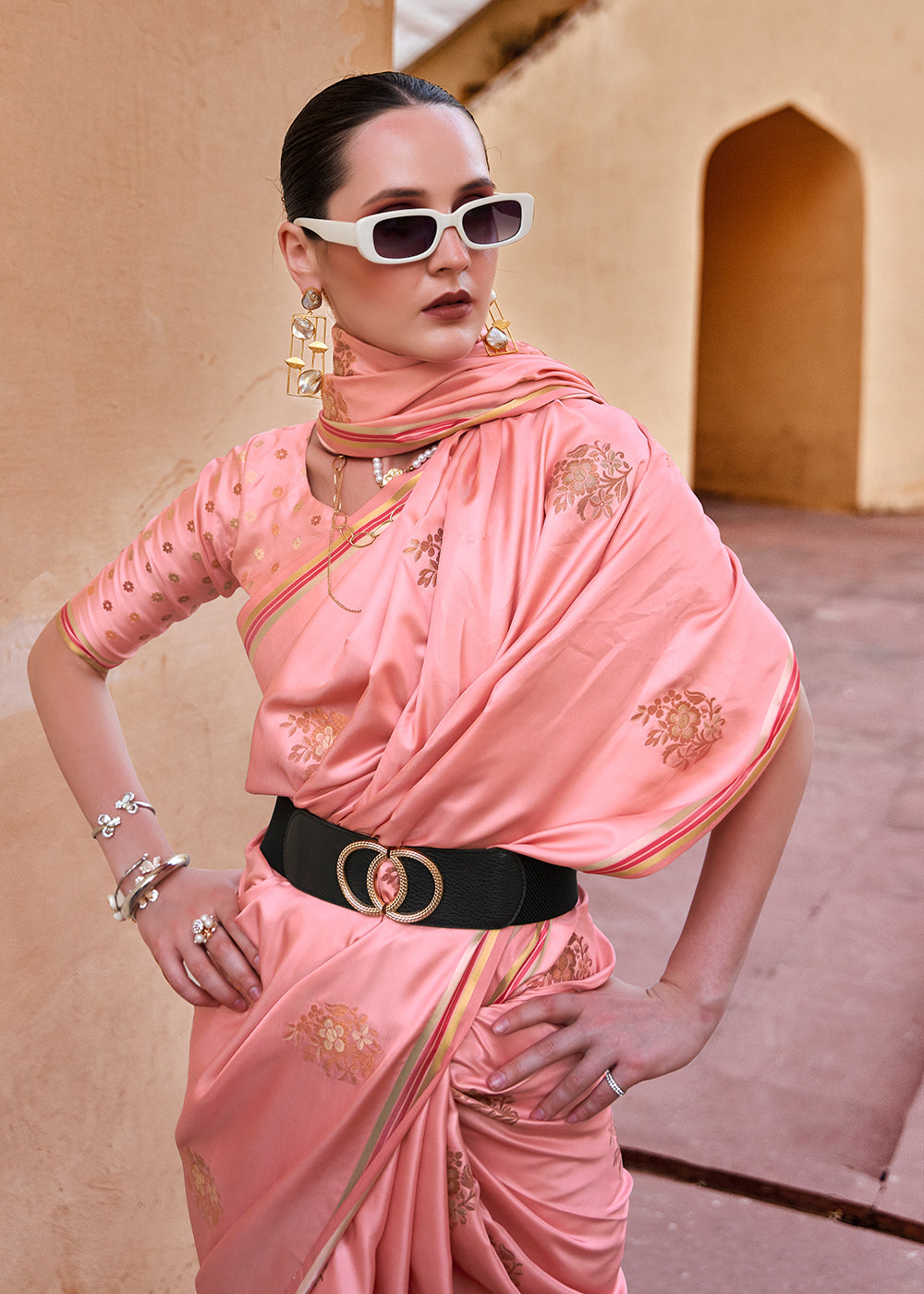 Tathastu Sea Pink Pure Sattin With Copper Zari Weaving Saree