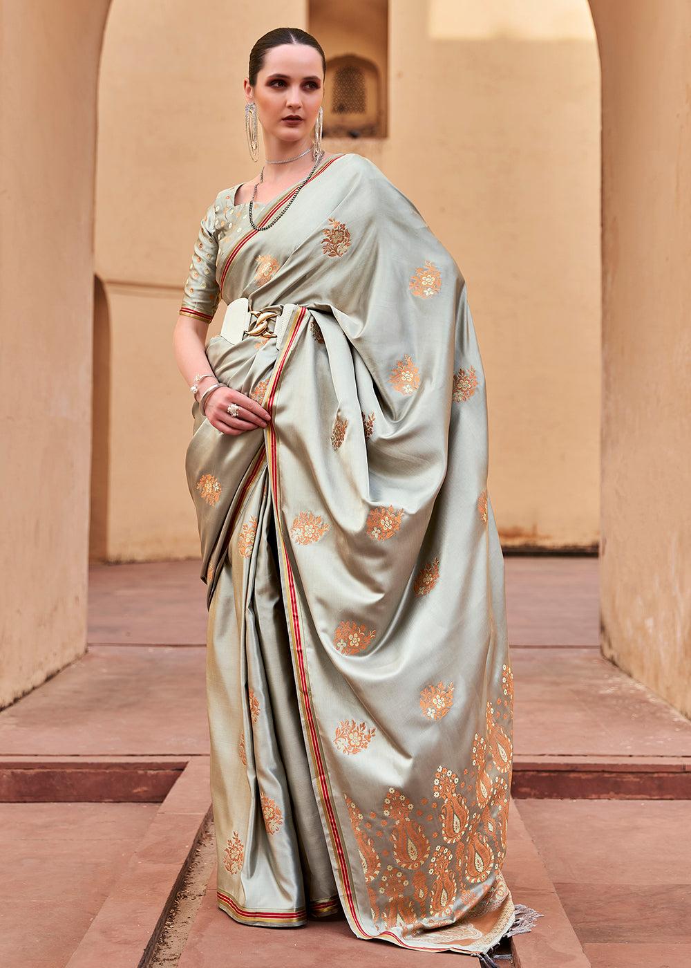 Tathastu Dusty Grey Pure Sattin With Copper Zari Weaving Saree