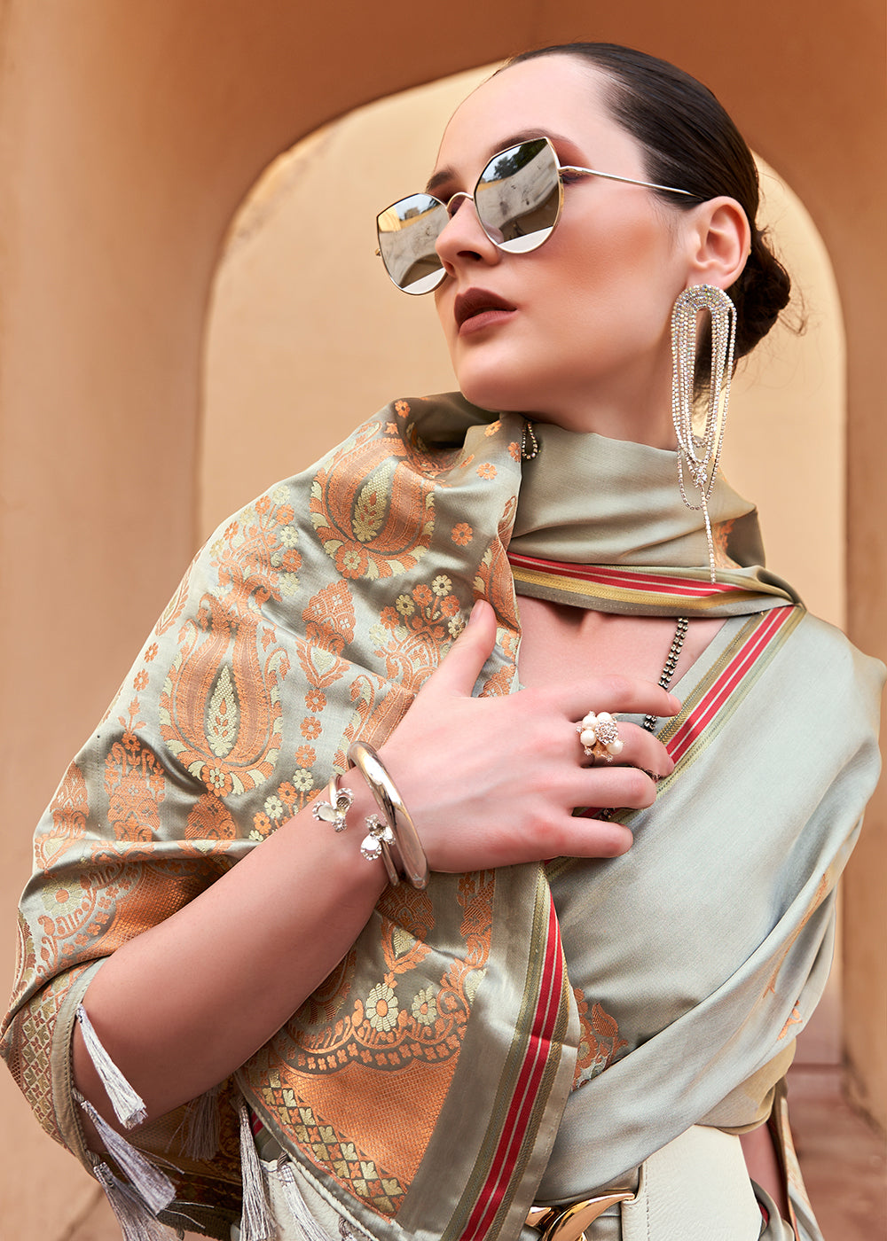 Tathastu Dusty Grey Pure Sattin With Copper Zari Weaving Saree