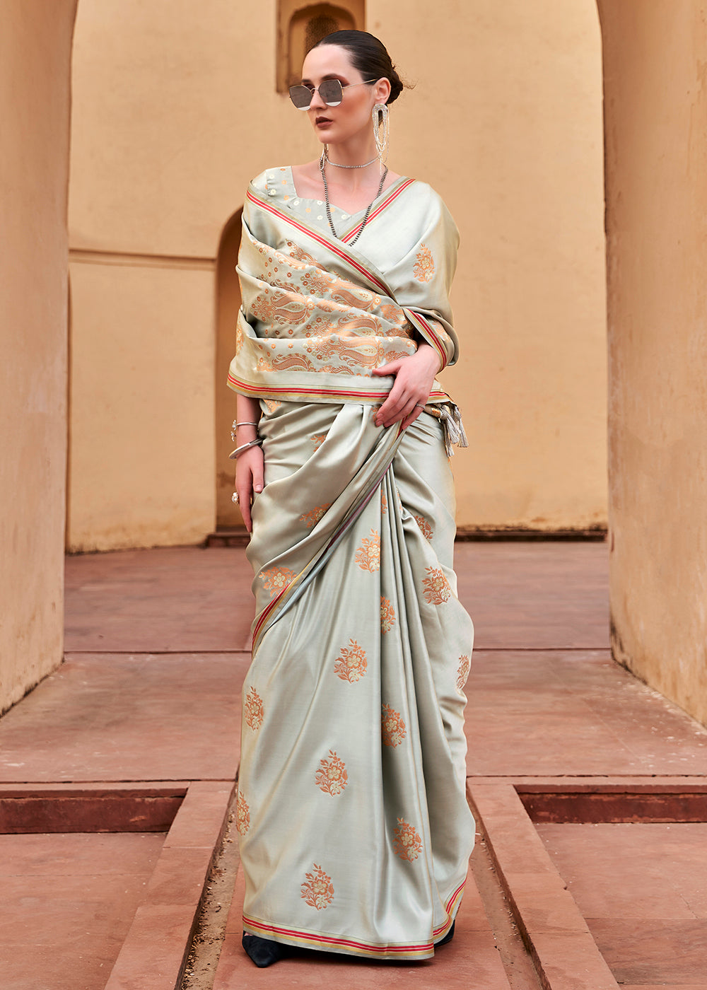 Tathastu Dusty Grey Pure Sattin With Copper Zari Weaving Saree
