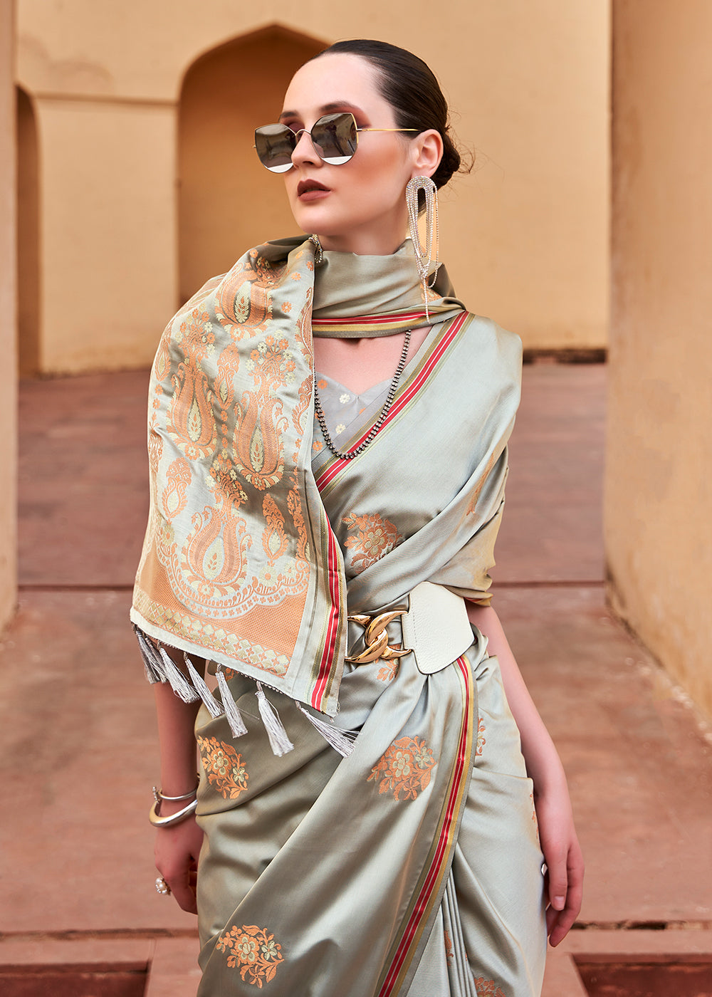 Tathastu Dusty Grey Pure Sattin With Copper Zari Weaving Saree