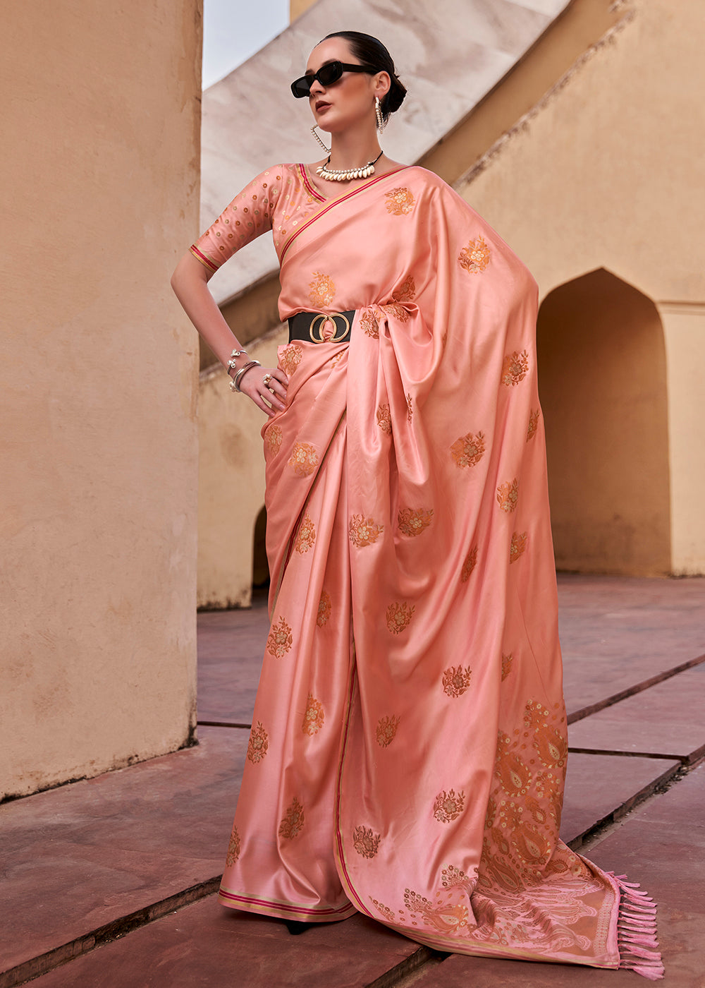 Tathastu Coral Pink Pure Sattin With Copper Zari Weaving Saree