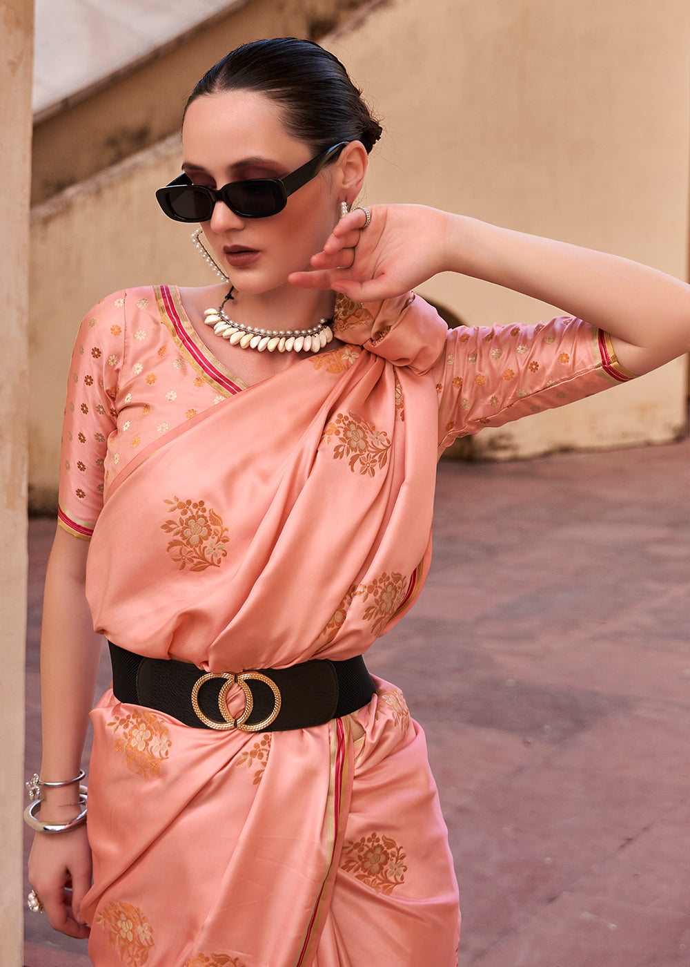 Tathastu Coral Pink Pure Sattin With Copper Zari Weaving Saree