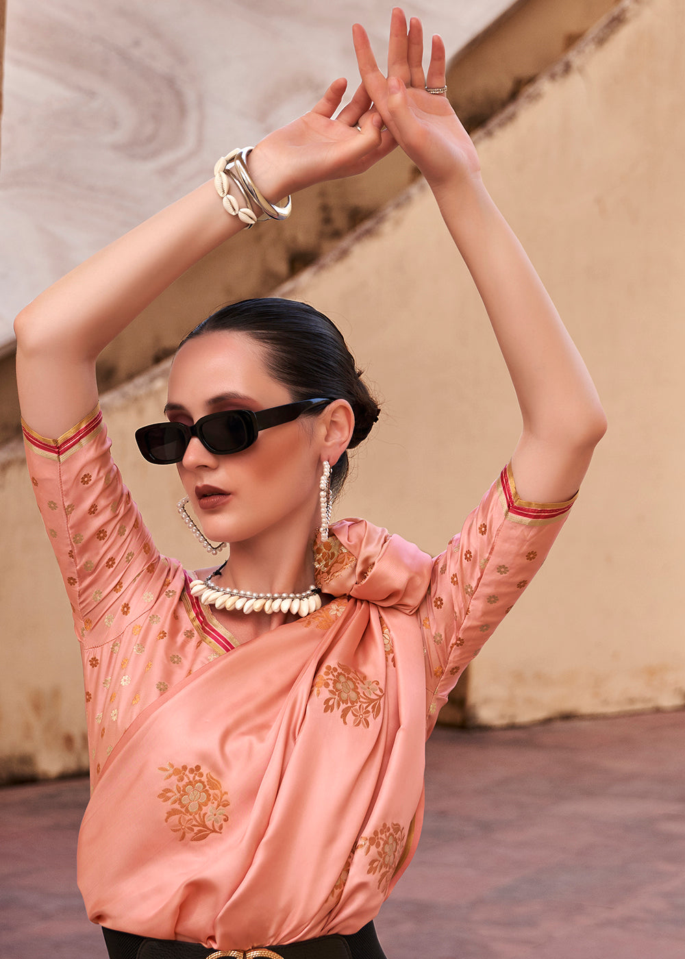 Tathastu Coral Pink Pure Sattin With Copper Zari Weaving Saree