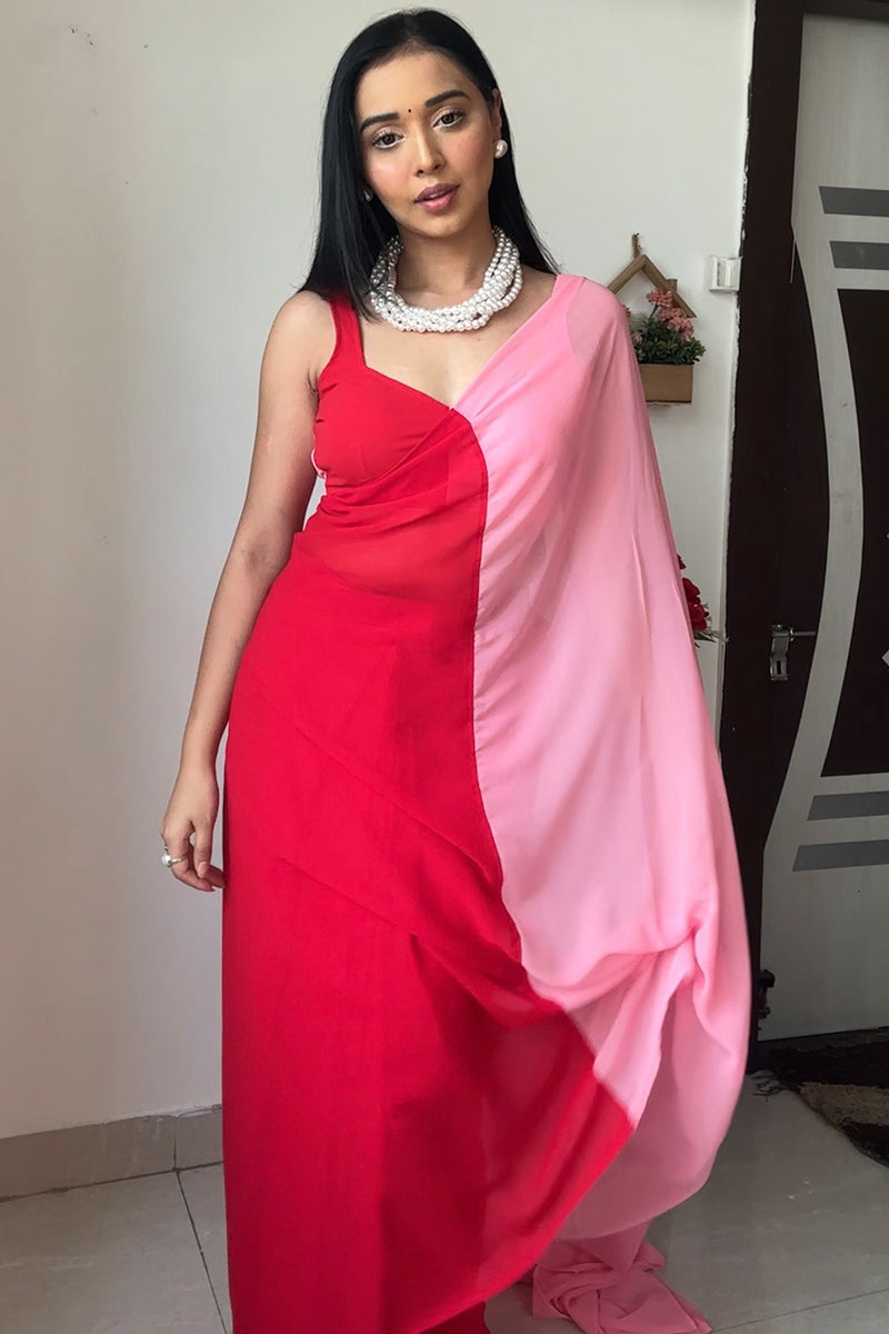 Misty One Minute Ready To Wear Red And Pink Georgette Saree