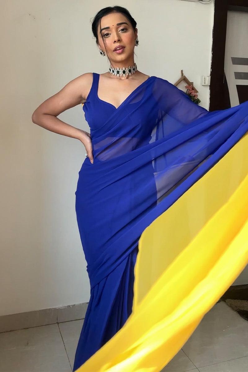 Sweet One Minute Ready To Wear Blue And Yellow Georgette Saree