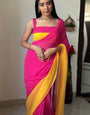 Elegant One Minute Ready To Wear Pink And Yellow Satin Silk Saree