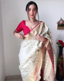 Glimmer One Minute Ready To Wear Beige Banarasi Silk Saree