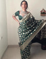 Peaceful One Minute Ready To Wear Green Banarasi Silk Saree