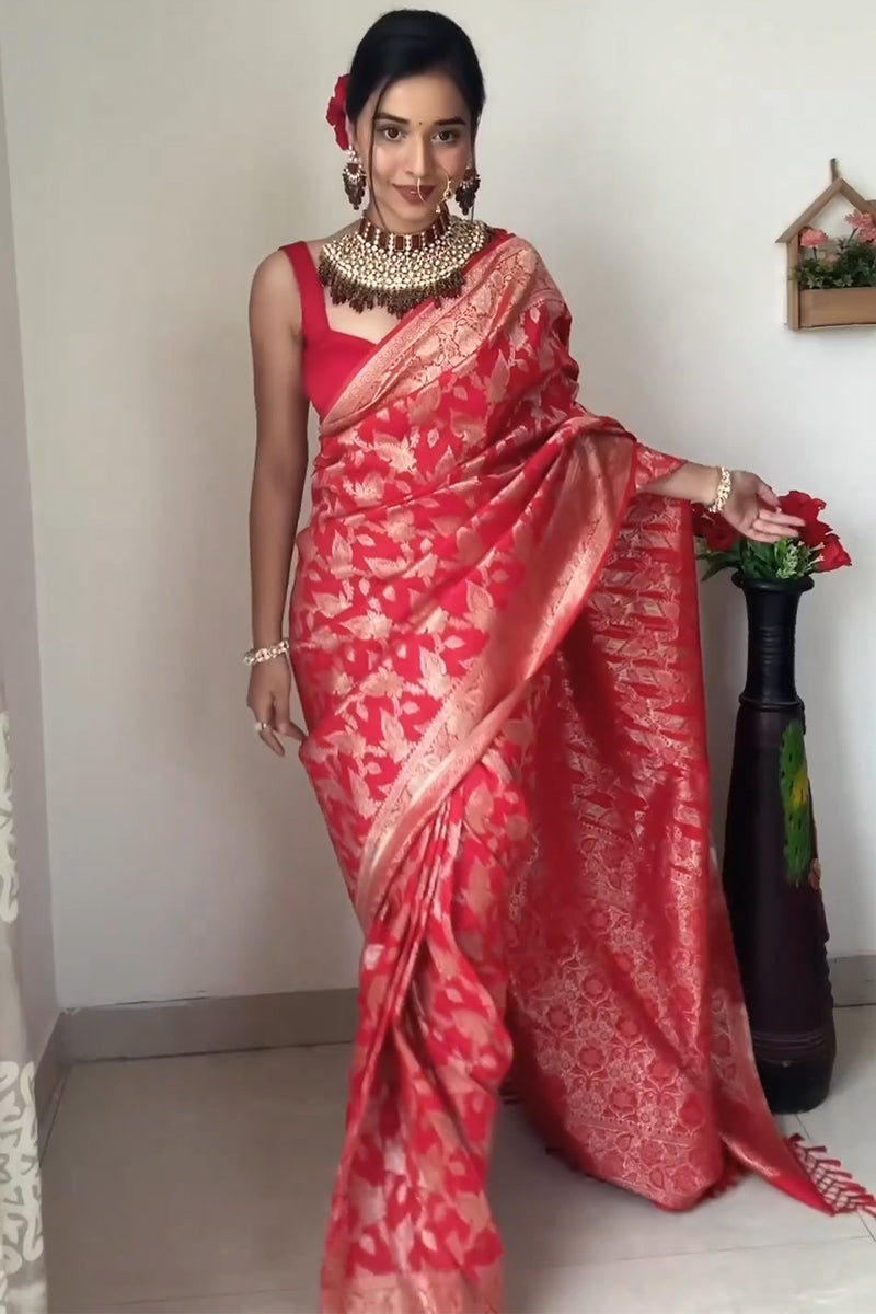 Lightest One Minute Ready To Wear Red Banarasi Silk Saree