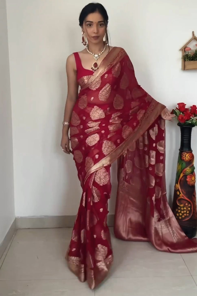 Hush One Minute Ready To Wear Red Cotton Silk Saree