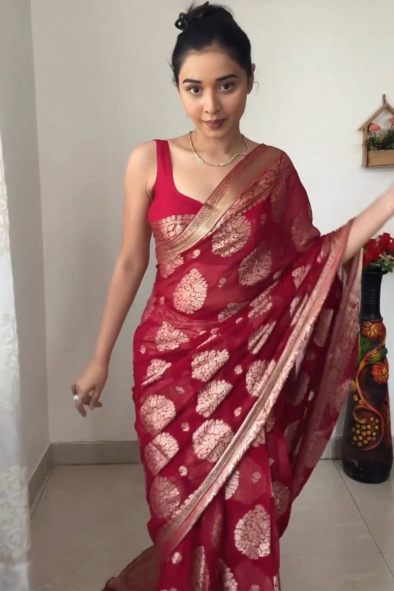 Hush One Minute Ready To Wear Red Cotton Silk Saree