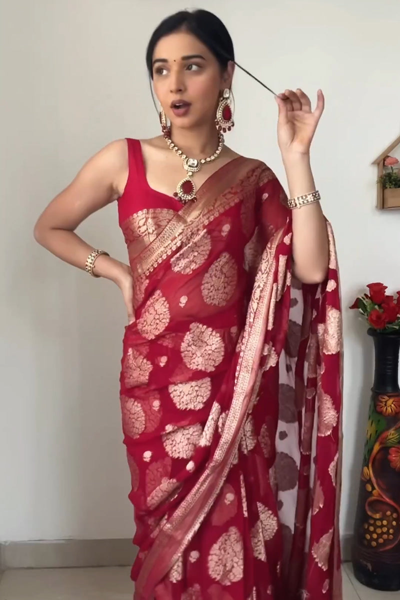 Hush One Minute Ready To Wear Red Cotton Silk Saree