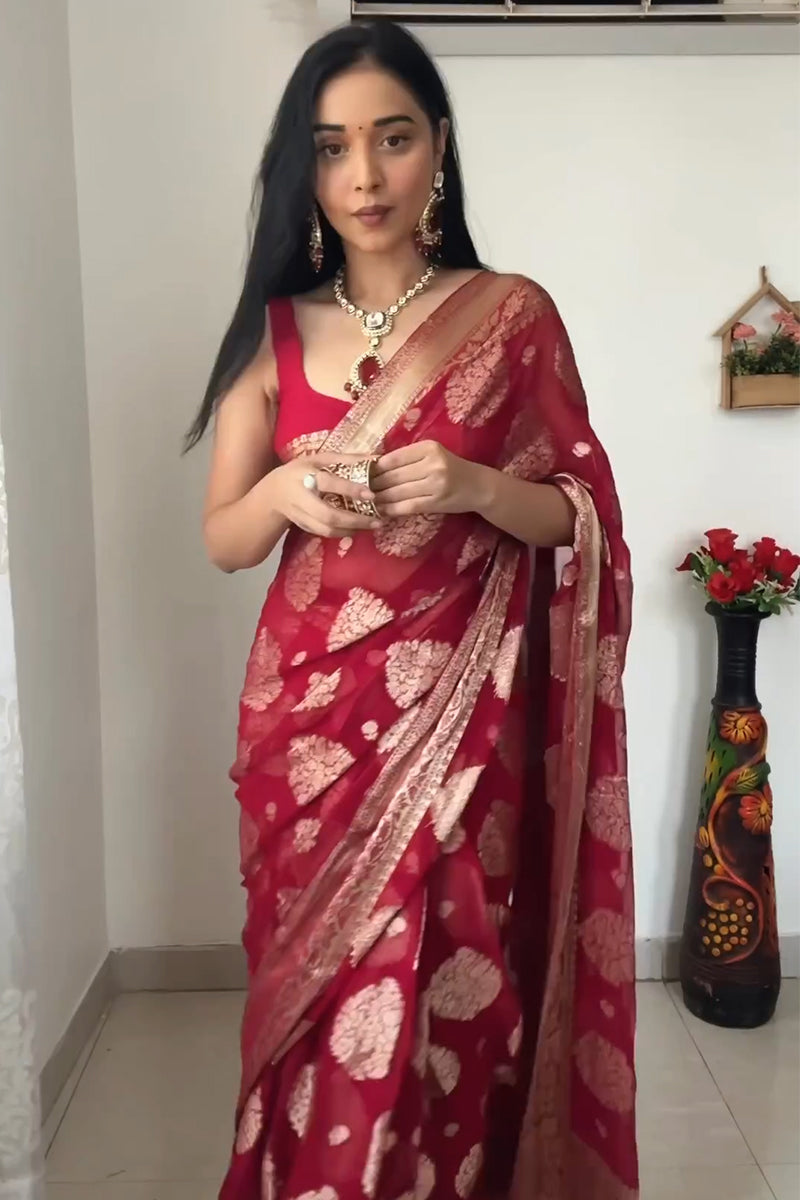 Hush One Minute Ready To Wear Red Cotton Silk Saree