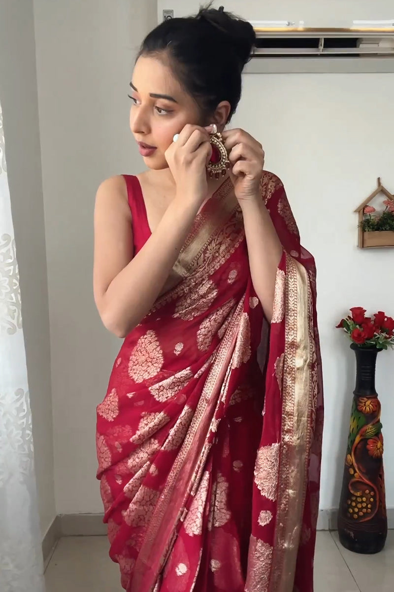 Hush One Minute Ready To Wear Red Cotton Silk Saree