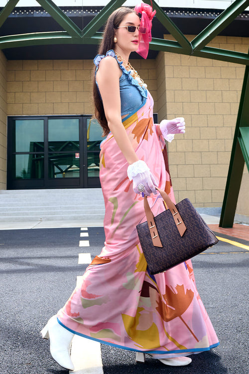 Next Ganeration Pink Pure Satin Silk Digital Printed Saree