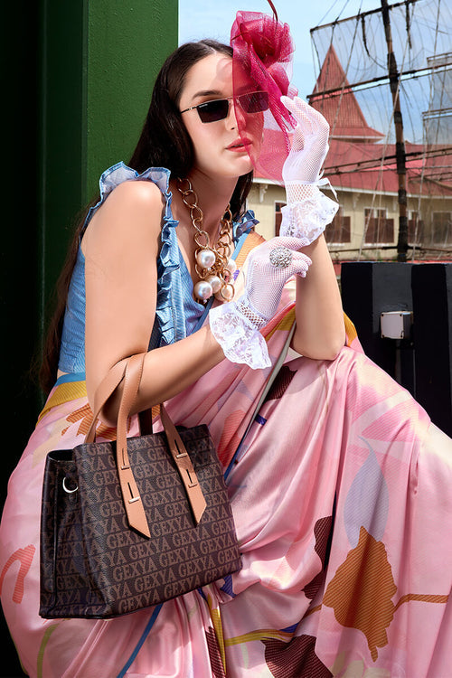 Next Ganeration Pink Pure Satin Silk Digital Printed Saree