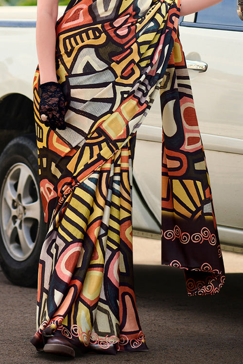 Next Ganeration Multicolor Pure Satin Silk Digital Printed Saree