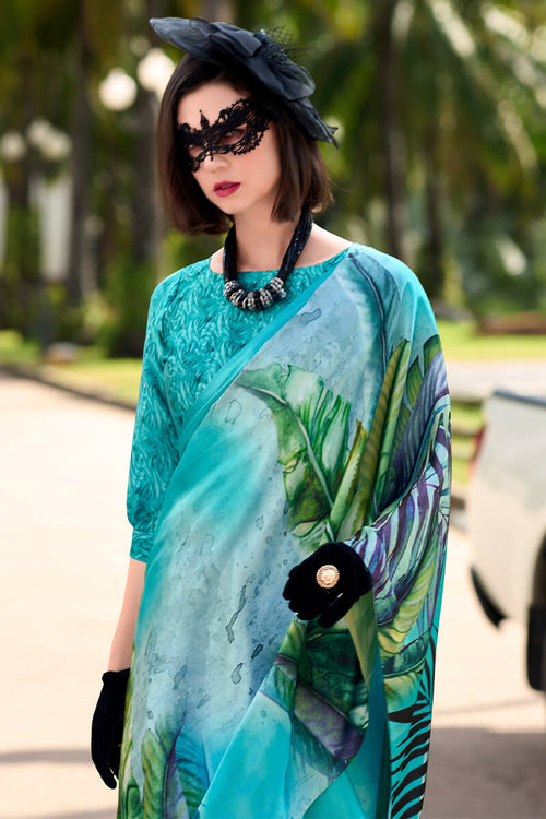 Next Ganeration Blue Pure Satin Silk Digital Printed Saree