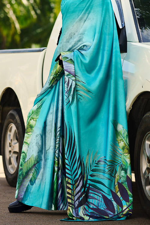 Next Ganeration Blue Pure Satin Silk Digital Printed Saree