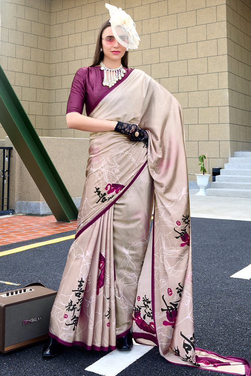 Next Ganeration Cream Pure Satin Silk Digital Printed Saree