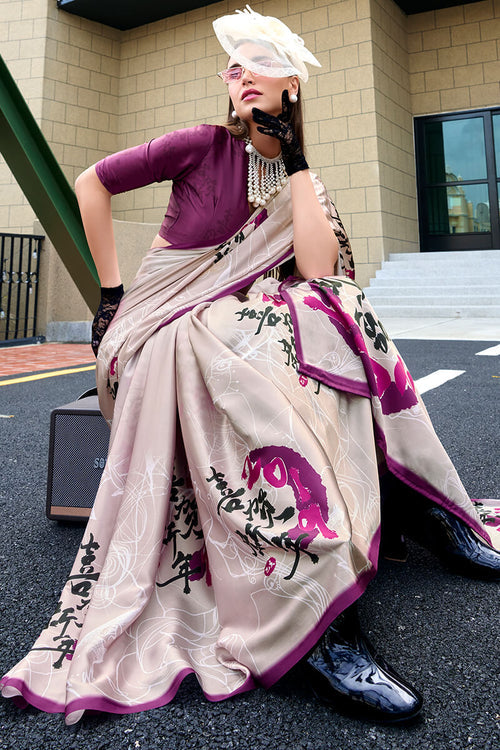 Next Ganeration Cream Pure Satin Silk Digital Printed Saree