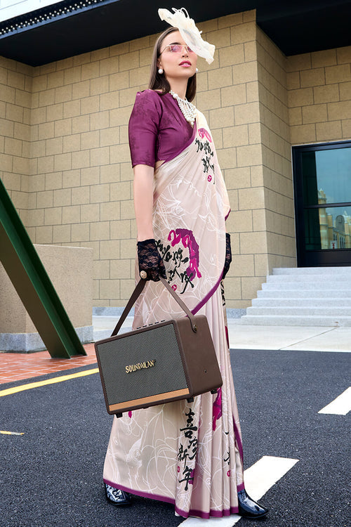 Next Ganeration Cream Pure Satin Silk Digital Printed Saree