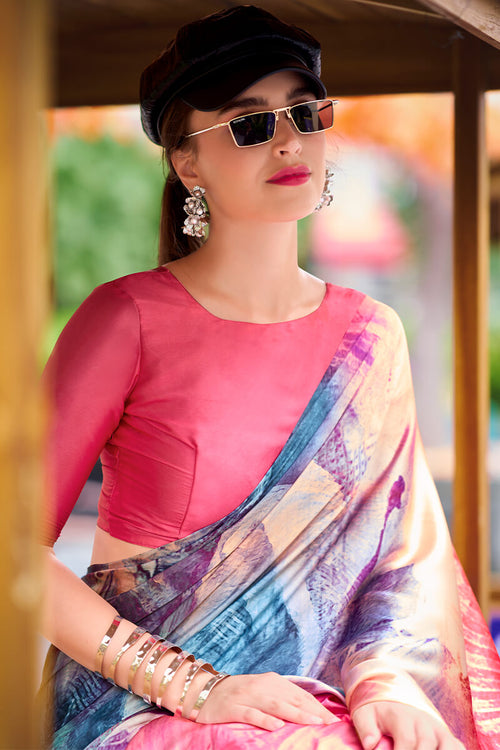 Next Ganeration Pink And Blue Pure Satin Silk Digital Printed Saree