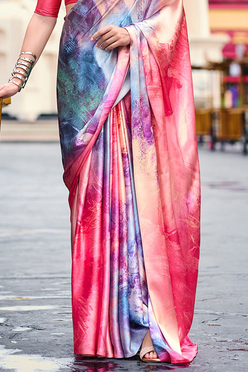Next Ganeration Pink And Blue Pure Satin Silk Digital Printed Saree
