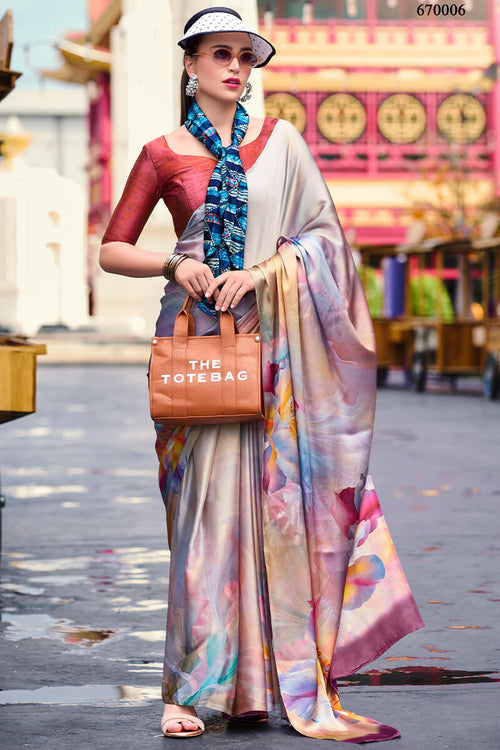 Next Ganeration Grey Pure Satin Silk Digital Printed Saree