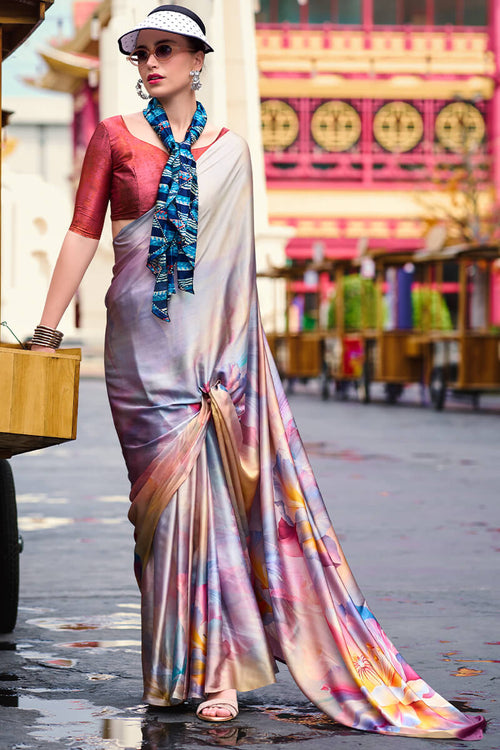 Next Ganeration Grey Pure Satin Silk Digital Printed Saree
