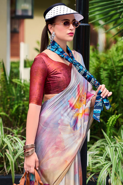 Next Ganeration Grey Pure Satin Silk Digital Printed Saree