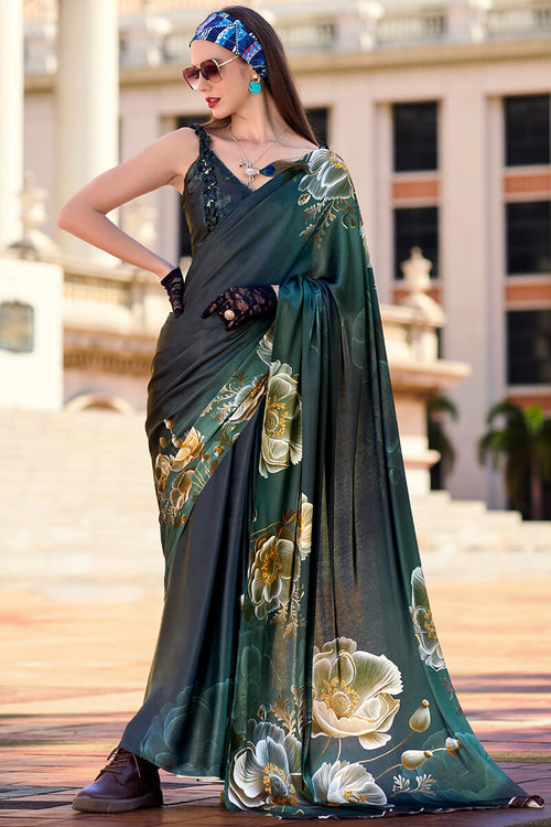 Next Ganeration Dark Green Pure Satin Silk Digital Printed Saree