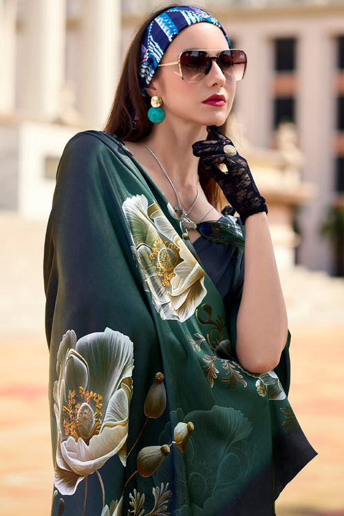 Next Ganeration Dark Green Pure Satin Silk Digital Printed Saree