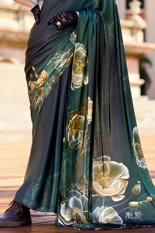 Next Ganeration Dark Green Pure Satin Silk Digital Printed Saree