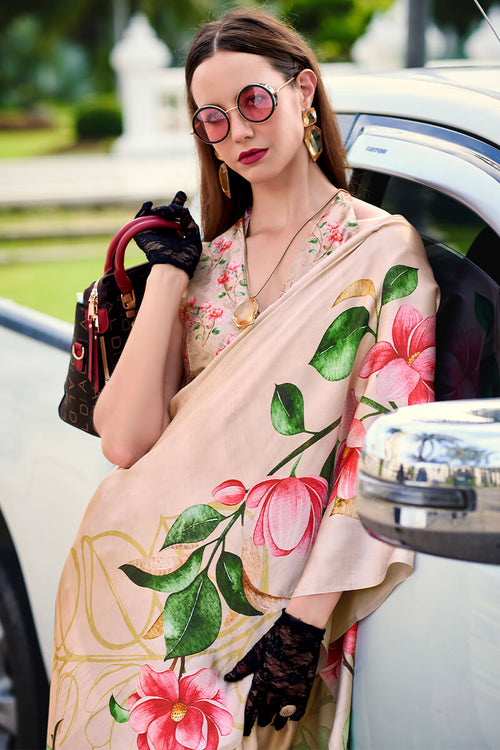 Next Ganeration Beige Pure Satin Silk Digital Printed Saree