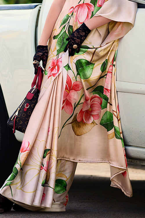 Next Ganeration Beige Pure Satin Silk Digital Printed Saree