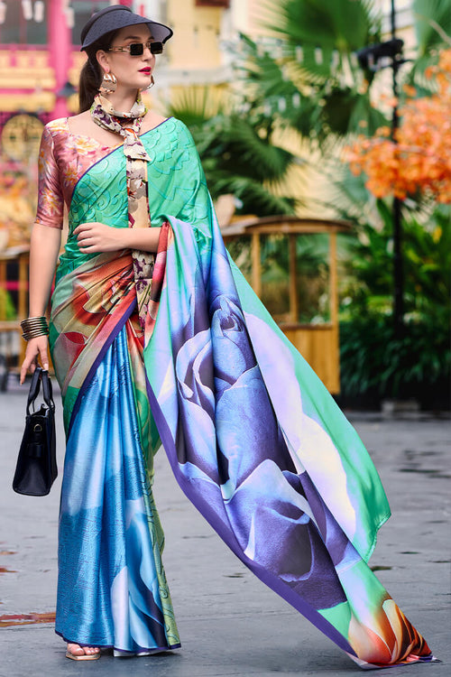 Next Ganeration Sea Green Pure Satin Silk Digital Printed Saree