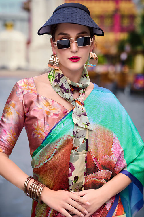 Next Ganeration Sea Green Pure Satin Silk Digital Printed Saree