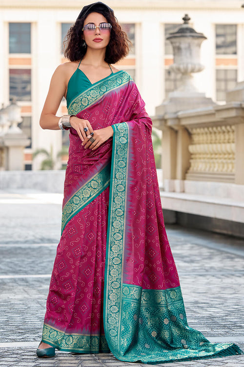 Zara Wine Banarasi Soft Silk Waving With Ikkat Bandhani Saree