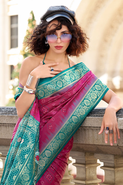 Zara Wine Banarasi Soft Silk Waving With Ikkat Bandhani Saree