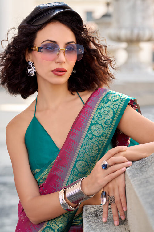 Zara Wine Banarasi Soft Silk Waving With Ikkat Bandhani Saree