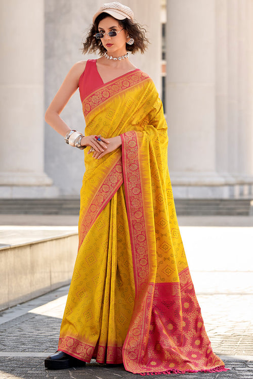 Zara Yellow Banarasi Soft Silk Waving With Ikkat Bandhani Saree