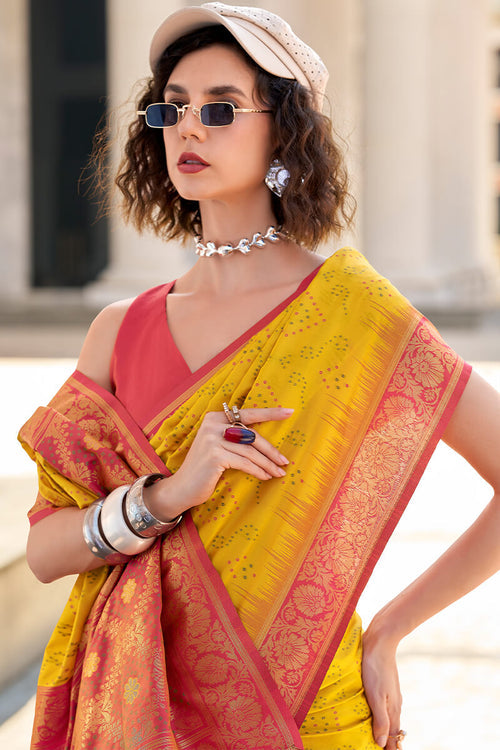 Zara Yellow Banarasi Soft Silk Waving With Ikkat Bandhani Saree