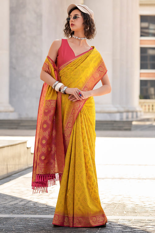 Zara Yellow Banarasi Soft Silk Waving With Ikkat Bandhani Saree