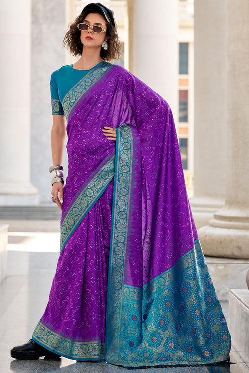 Zara Purple Banarasi Soft Silk Waving With Ikkat Bandhani Saree