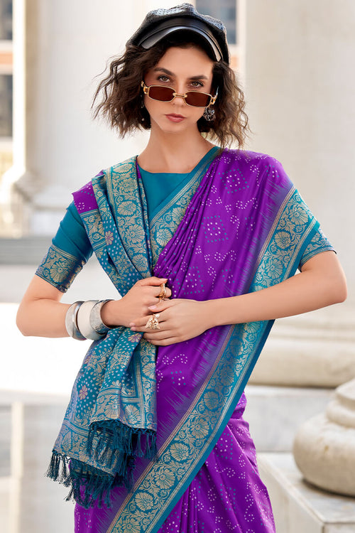 Zara Purple Banarasi Soft Silk Waving With Ikkat Bandhani Saree