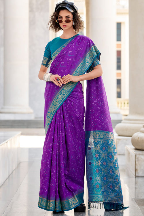 Zara Purple Banarasi Soft Silk Waving With Ikkat Bandhani Saree