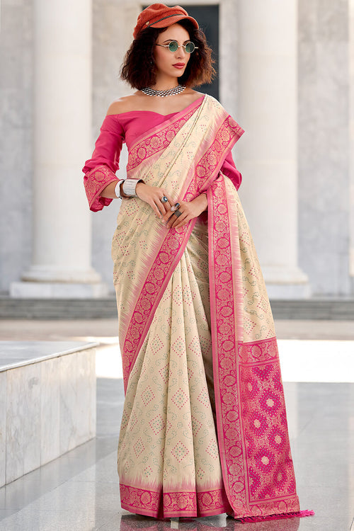 Zara Cream Banarasi Soft Silk Waving With Ikkat Bandhani Saree